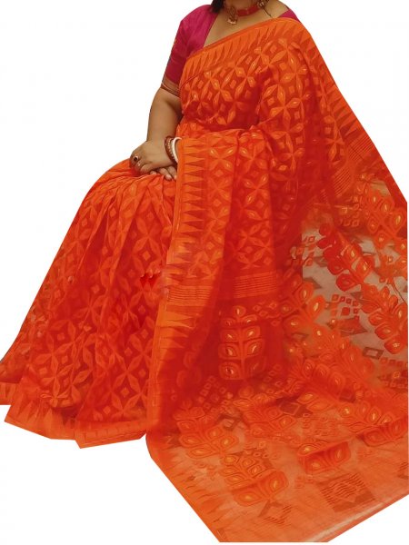 Orange dhakai jamdani high quality saree